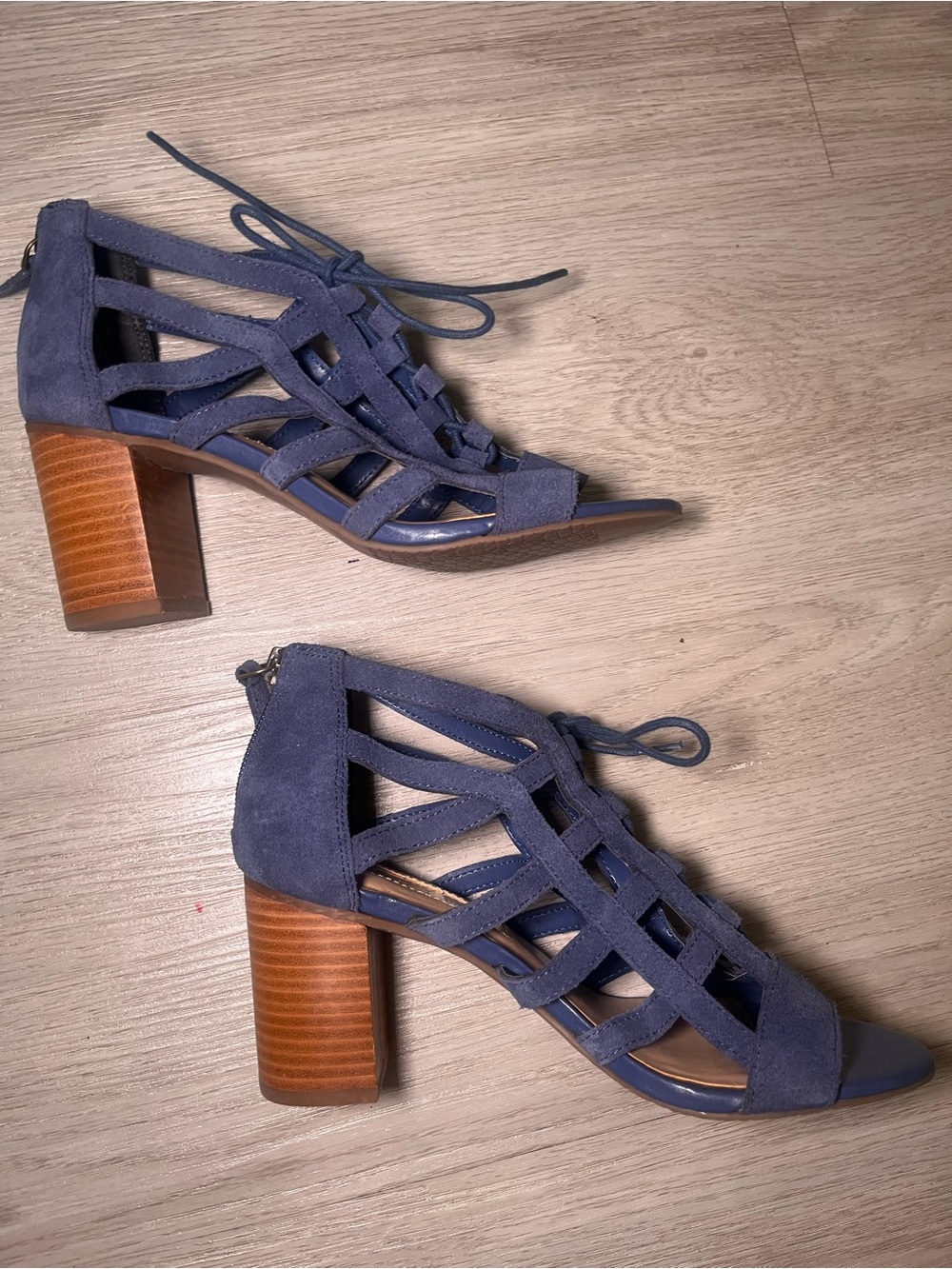 Aubrey Lynn Navy Suede Leather Lace-Up Cutout Block Heel Sandals 6.5